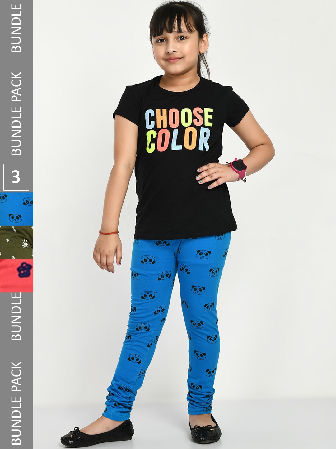 

IndiWeaves Girls Pack Of 3 Conversational Printed Cotton Churidar Length Leggings, Peach