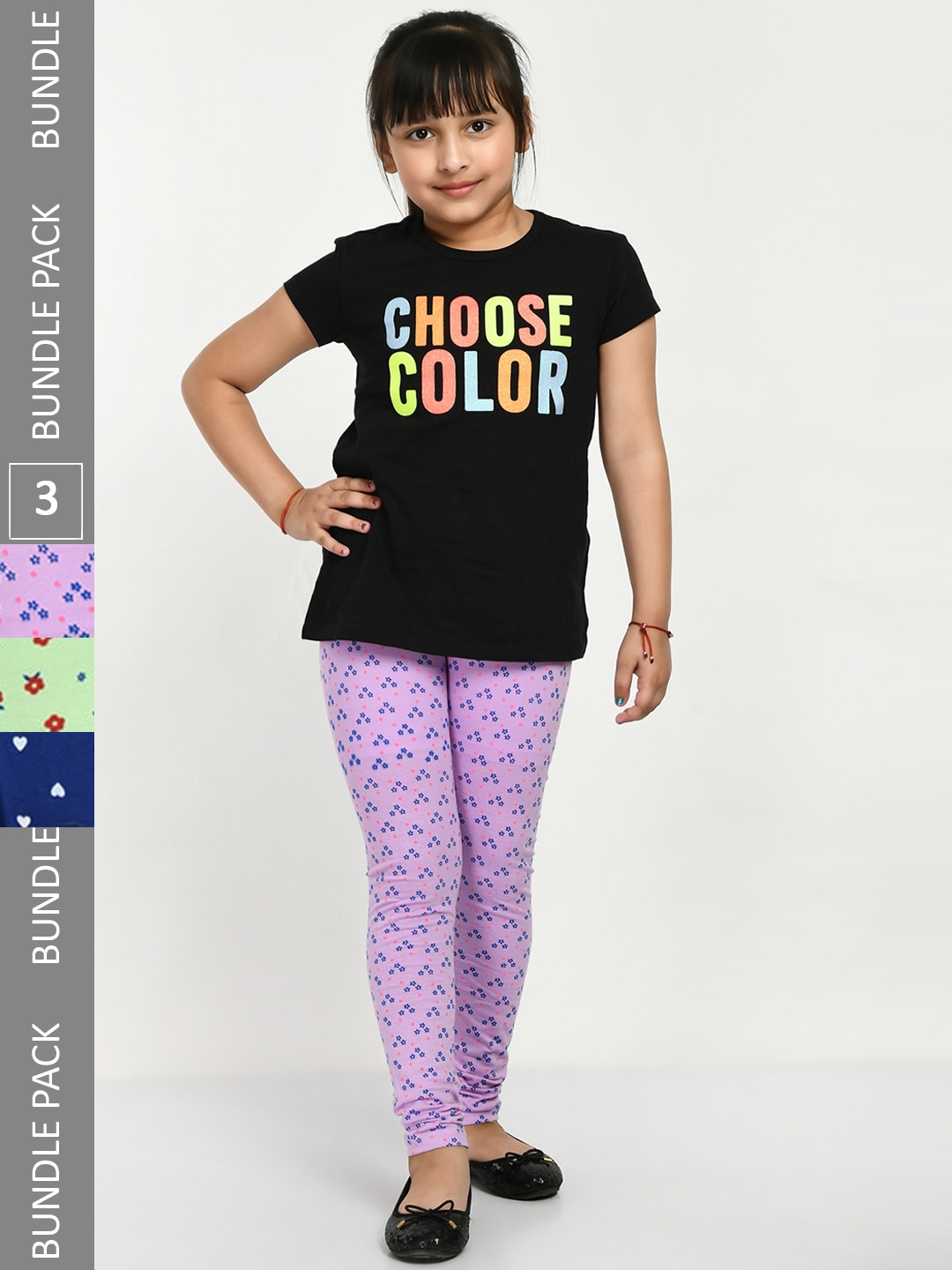 

IndiWeaves Girls Pack Of 3 Printed Cotton Churidar Length Leggings, Lavender