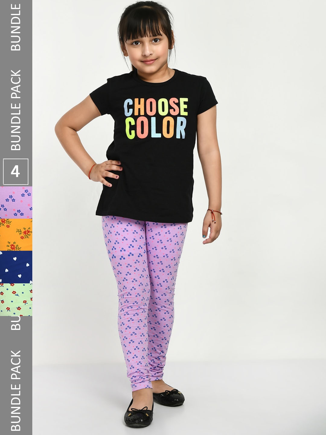 

IndiWeaves Girls Pack Of 4 Printed Cotton Churidar Length Leggings, Lavender