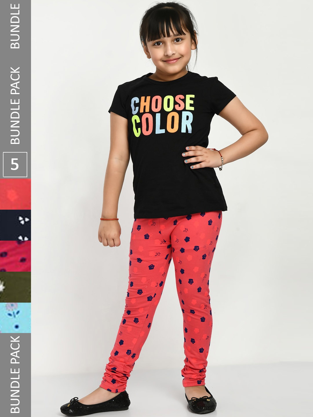 

IndiWeaves Girls Pack Of 5 Printed Cotton Churidar Length Leggings, Pink