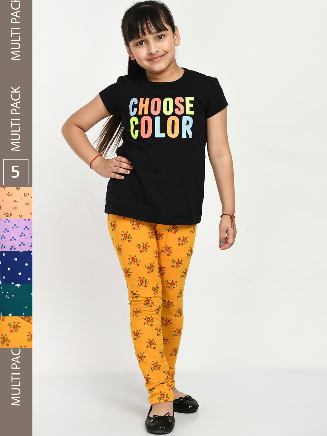 

IndiWeaves Girls Pack Of 5 Printed Cotton Churidar Length Leggings, Orange