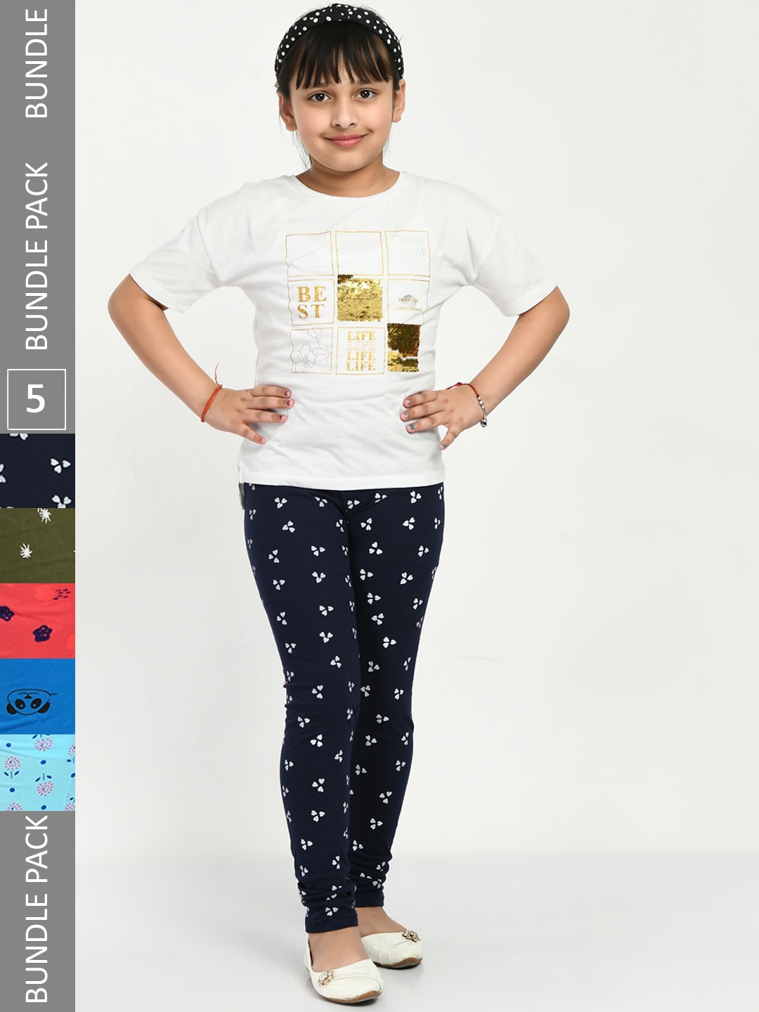 

IndiWeaves Girls Pack Of 5 Printed Cotton Churidar Length Leggings, Navy blue