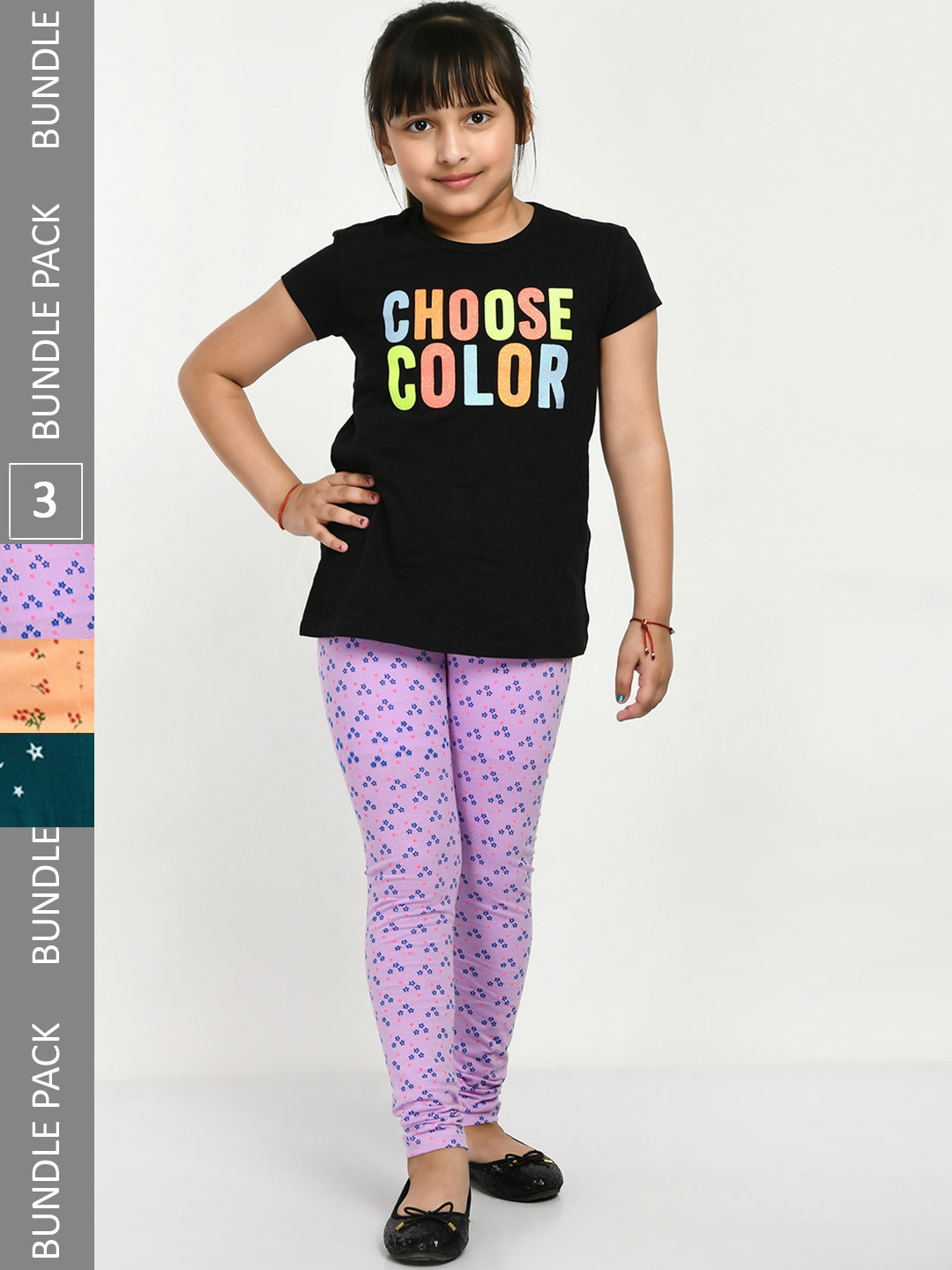 

IndiWeaves Girls Pack Of 3 Printed Cotton Ankle Length Leggings, Lavender
