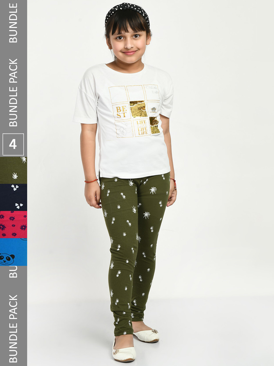 

IndiWeaves Girls Pack Of 4 Printed Cotton Ankle Length Leggings, Olive