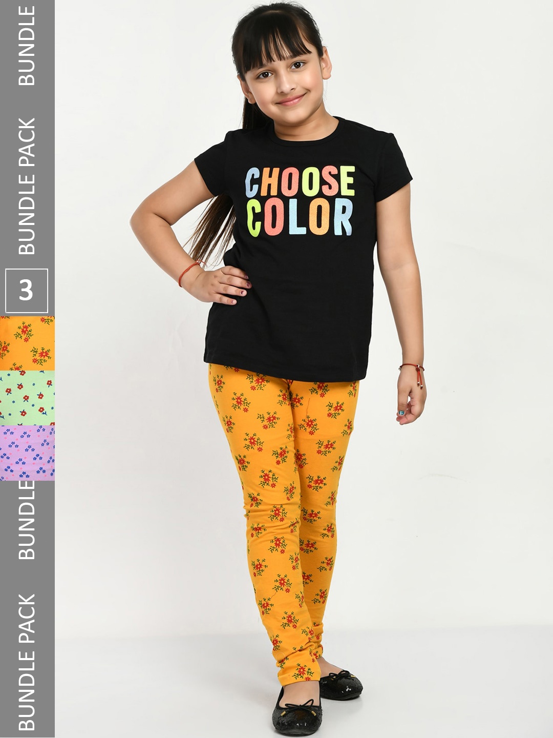 

IndiWeaves Girls Pack Of 3 Printed Cotton Ankle Length Leggings, Orange