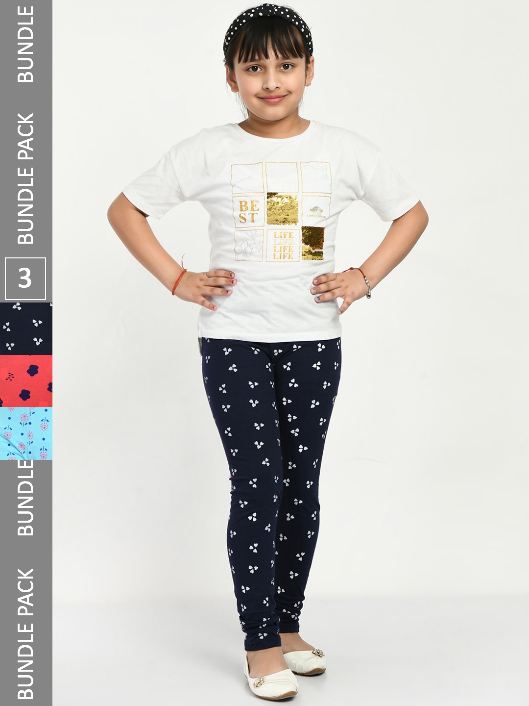 

IndiWeaves Girls Pack Of 3 Printed Cotton Ankle Length Leggings, Blue
