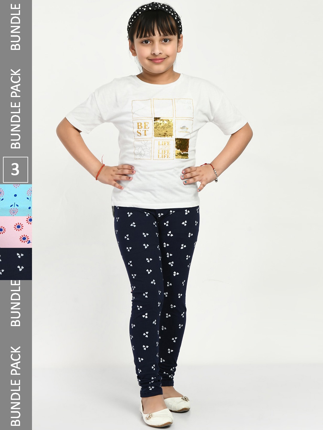 

IndiWeaves Girls Pack Of 3 Printed Cotton Ankle Length Leggings, Navy blue