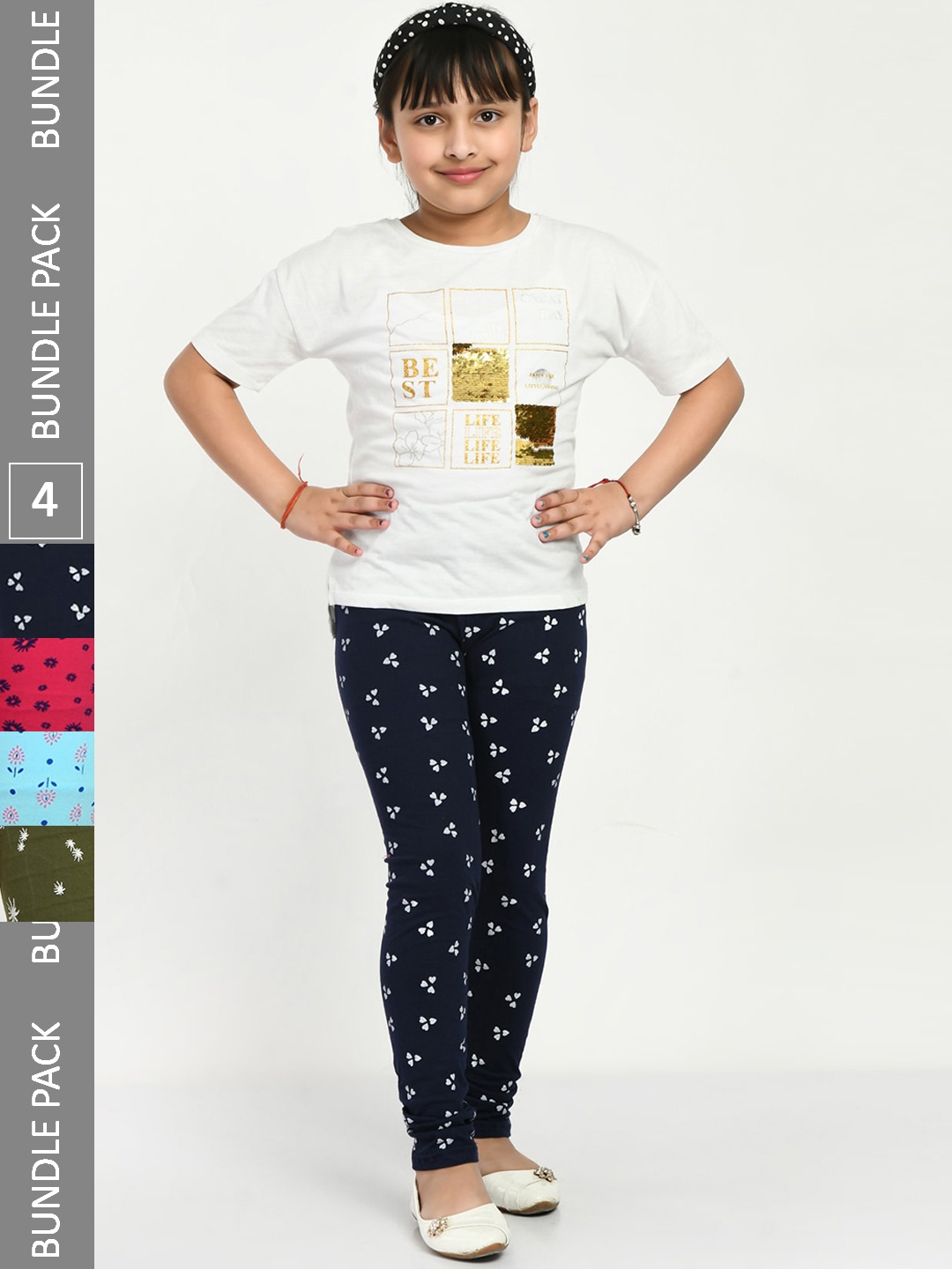 

IndiWeaves Girls Pack Of 4 Printed Cotton Ankle Length Leggings, Navy blue