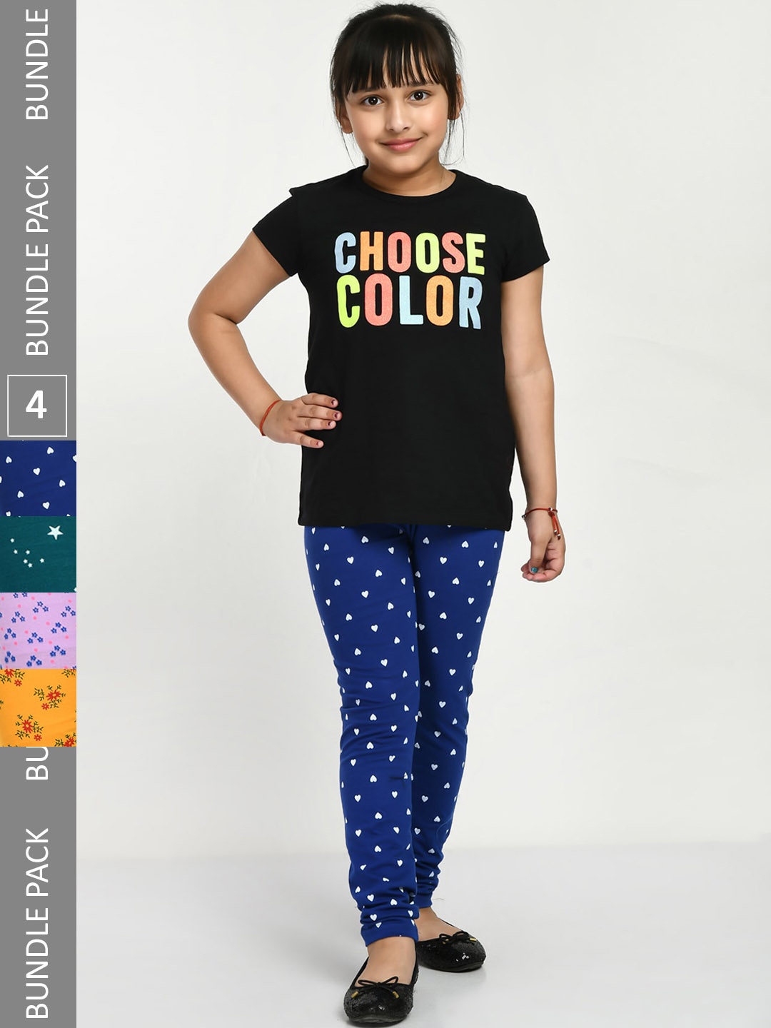 

IndiWeaves Girls Pack Of 4 Printed Cotton Ankle Length Leggings, Navy blue