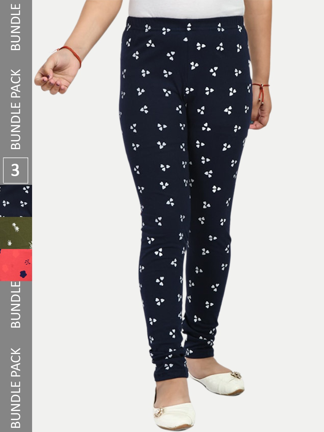 

IndiWeaves Girls Pack Of 3 Printed Cotton Ankle Length Leggings, Navy blue