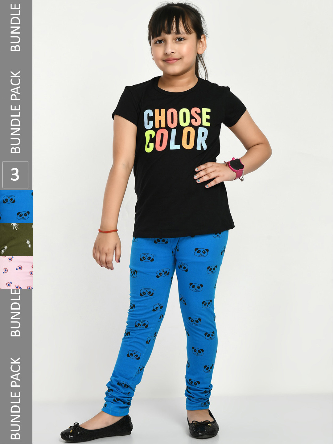 

IndiWeaves Girls Pack Of 3 Printed Cotton Ankle Length Leggings, Blue