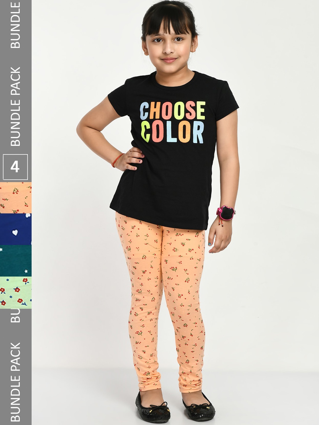 

IndiWeaves Girls Pack Of 4 Printed Cotton Ankle Length Leggings, Orange