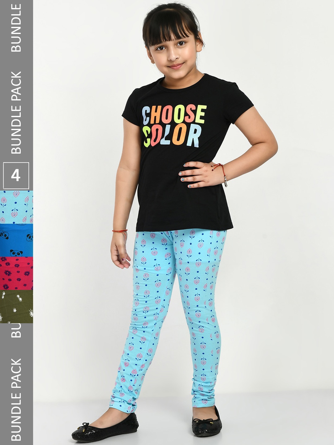 

IndiWeaves Girls Pack Of 4 Printed Cotton Ankle Length Leggings, Blue