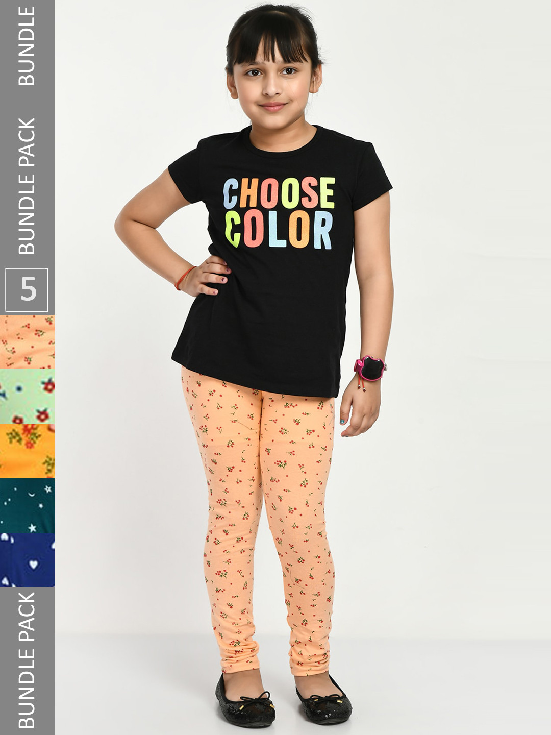 

IndiWeaves Girls Pack Of 5 Printed Cotton Ankle-Length Leggings, Orange