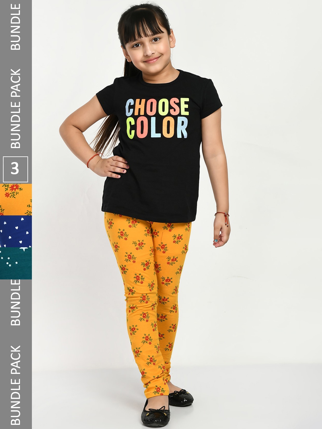 

IndiWeaves Girls Pack Of 3 Printed Cotton Ankle-Length Leggings, Yellow