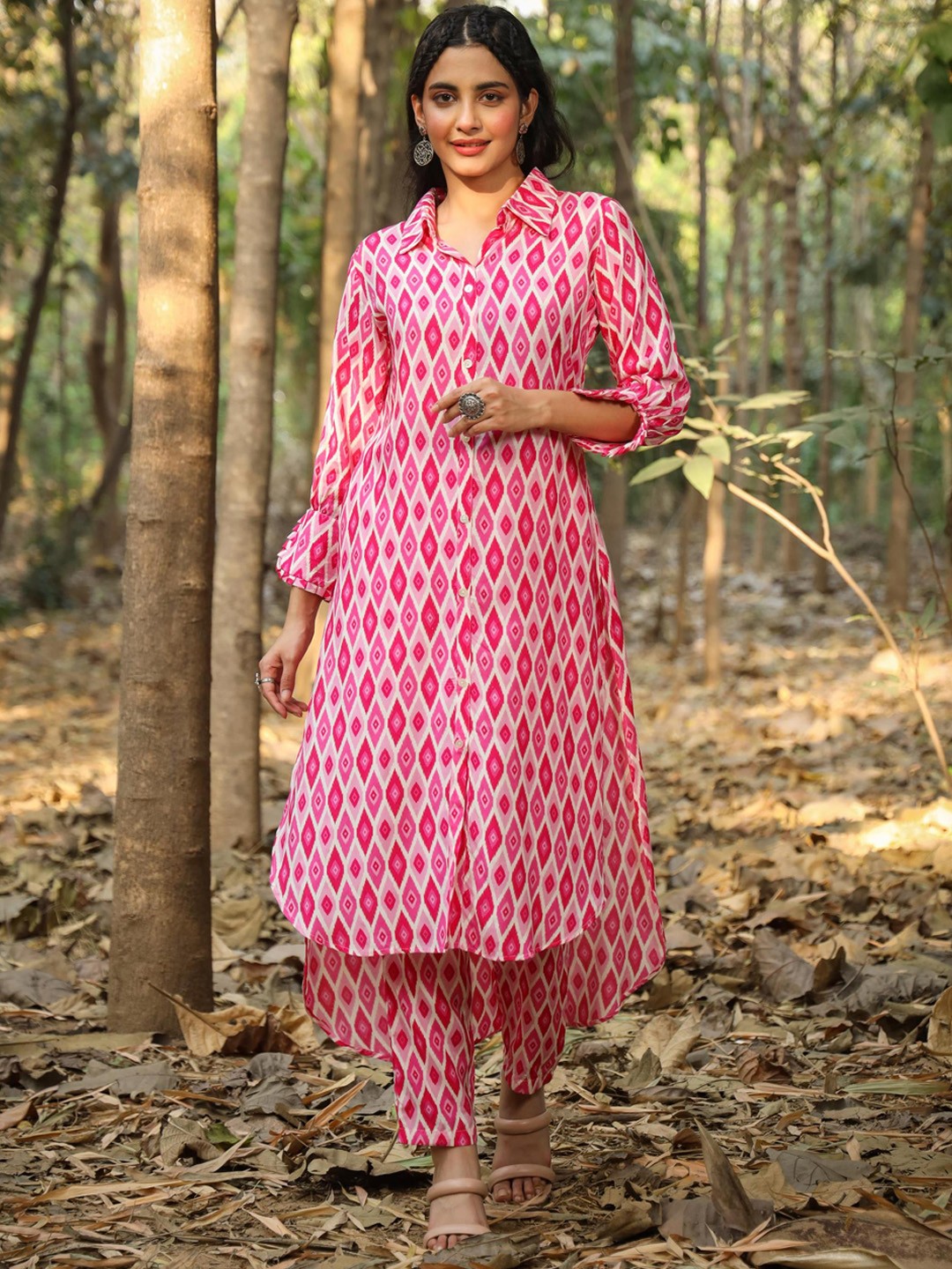 

SCAKHI Geometric Printed A-line Pure Muslin Kurta With Dhoti Pants, Pink