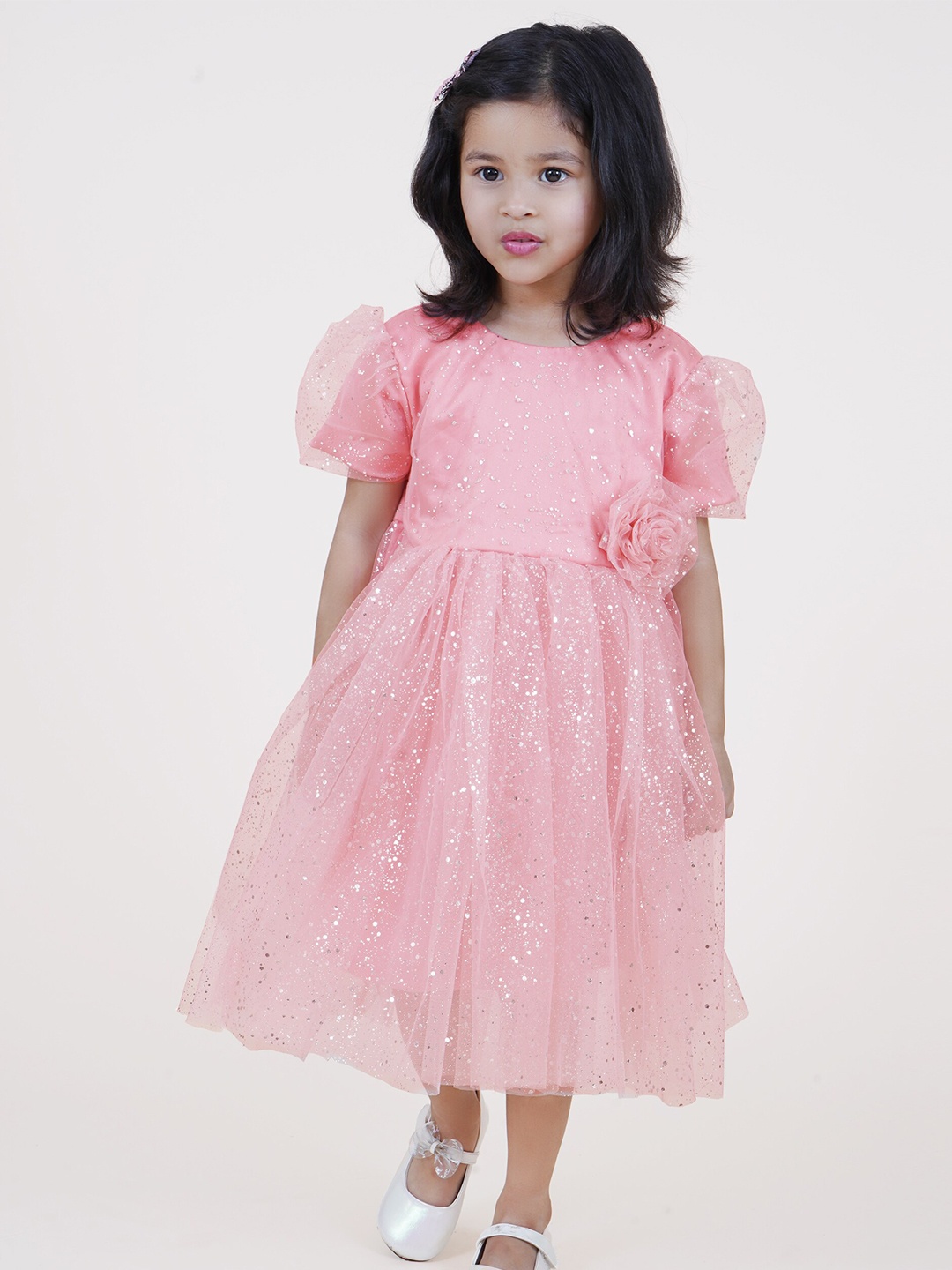 

Little Carrot Girls Net Fit & Flare Midi Dress, Peach