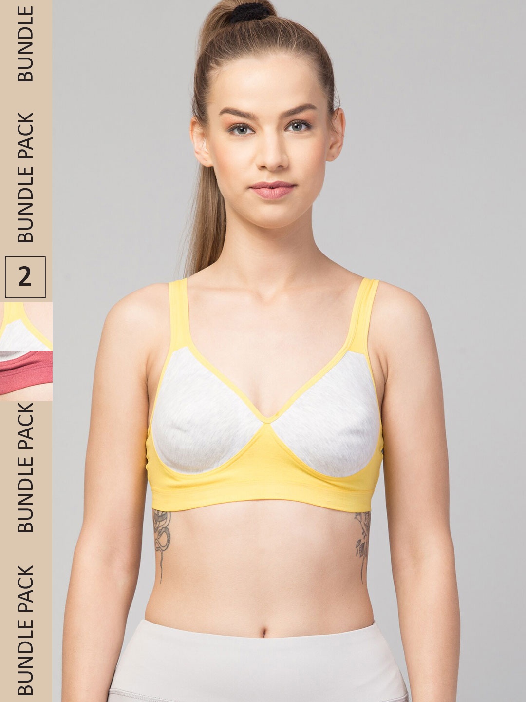 

Apraa & Parma Pack Of 2 Colourblocked Full Coverage Lightly Padded Organic Workout Bra, Yellow