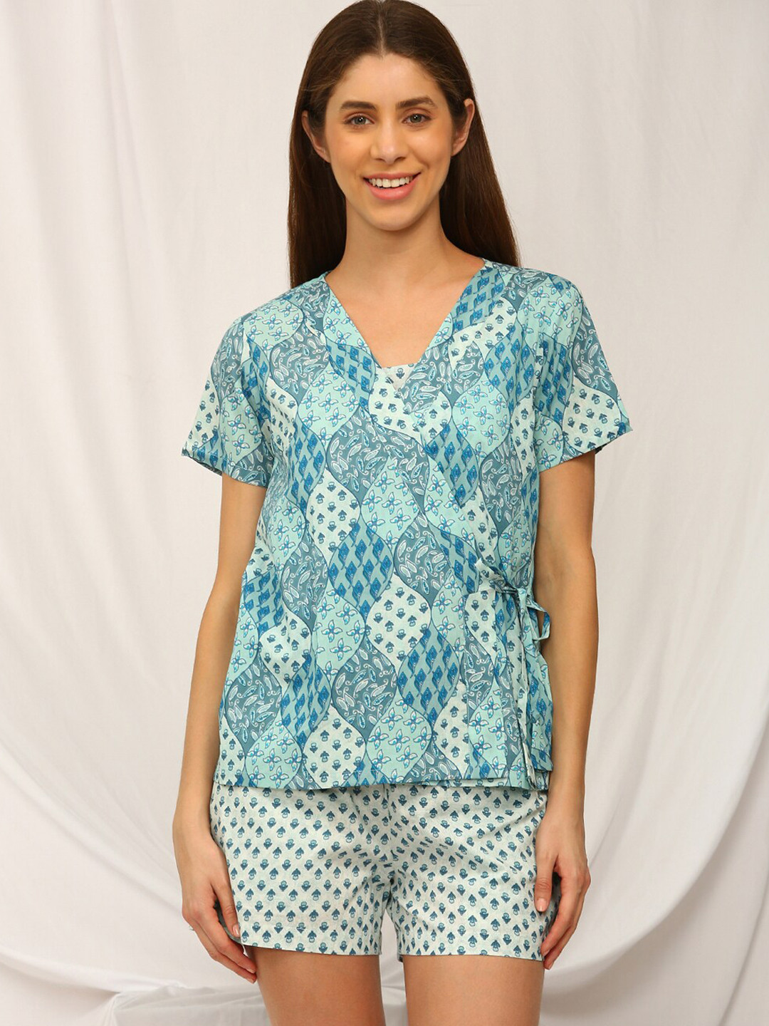 

Bannos Swagger 3 Pieces Ethnic Motifs Printed Pure Cotton Night Suit, Blue