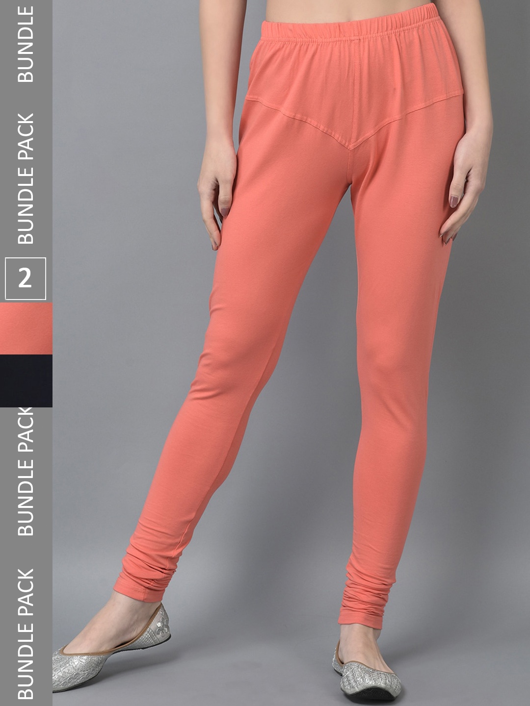 

Dollar Missy Women Pack Of 2 Mid Rise Slim-Fit Churidar Length Leggings, Peach