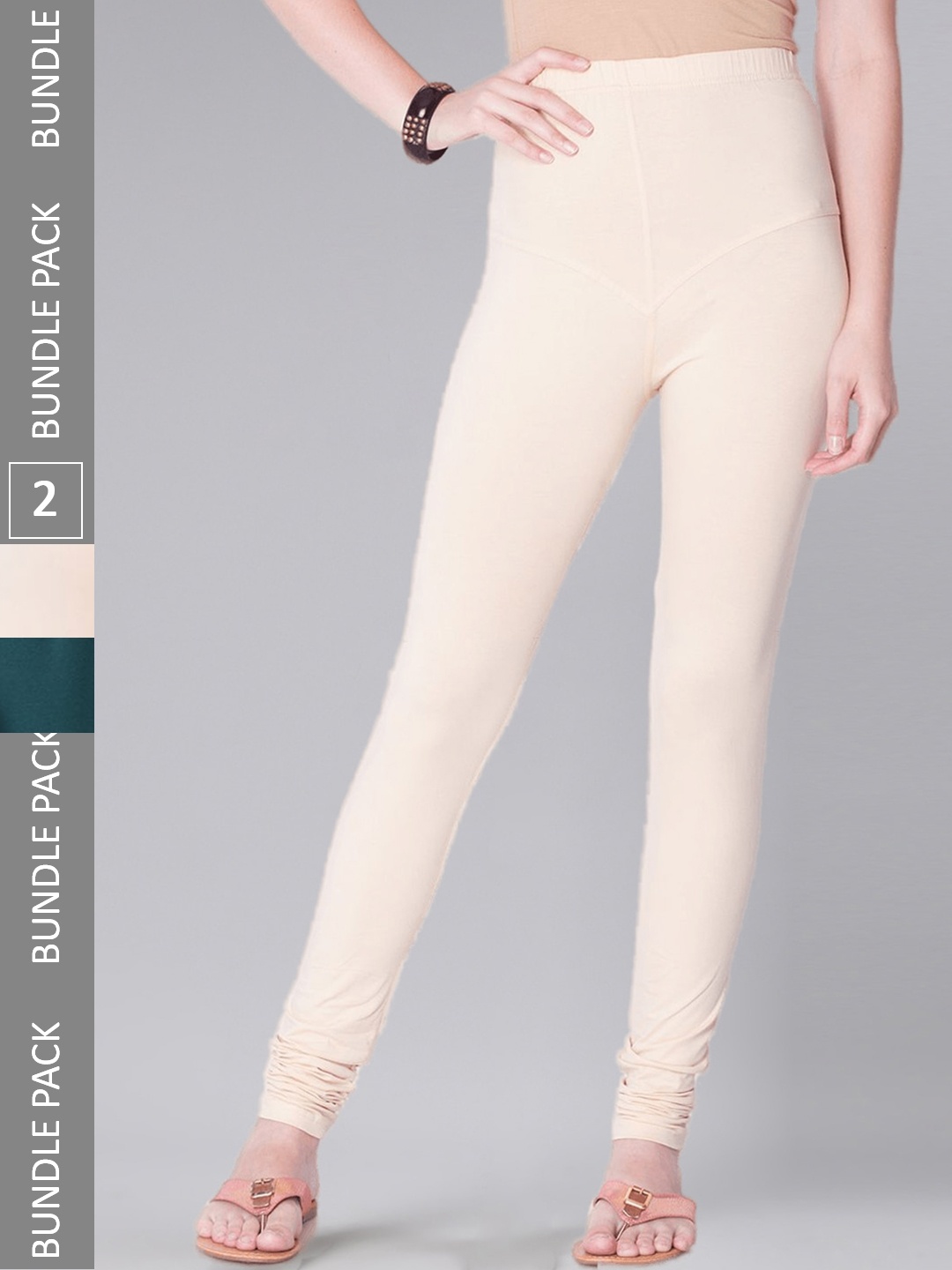 

Dollar Missy Women Pack Of 2 Mid Rise Slim-Fit Churidar Length Leggings, Peach