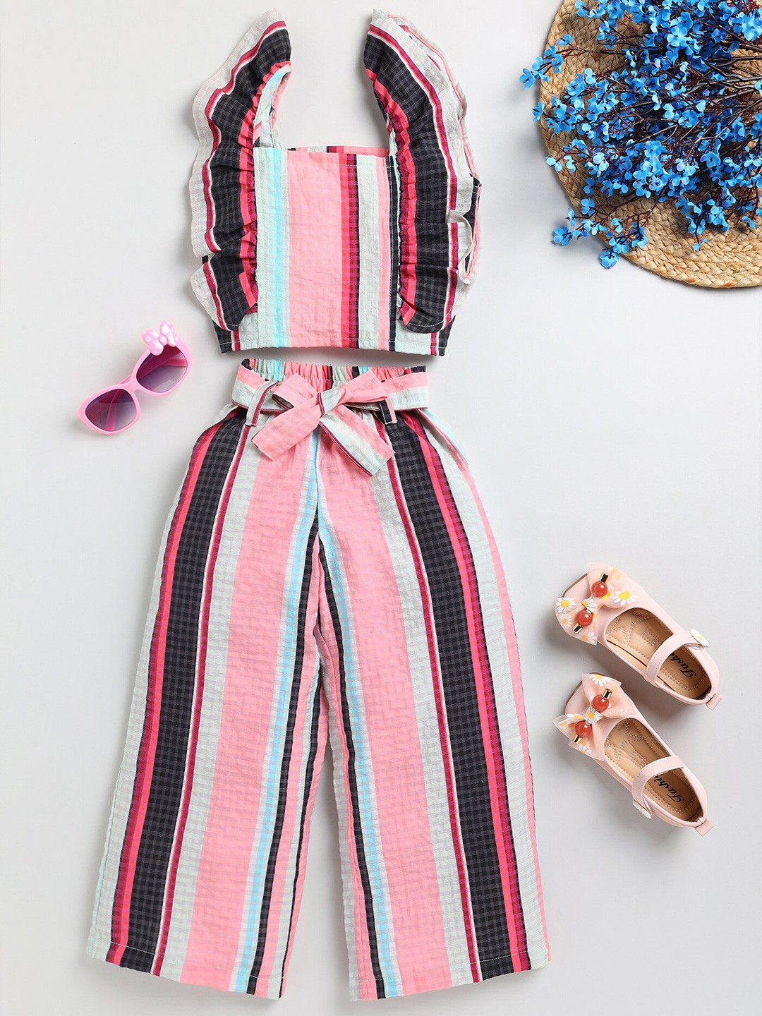

YK Girls Striped Top with Palazzos, Pink