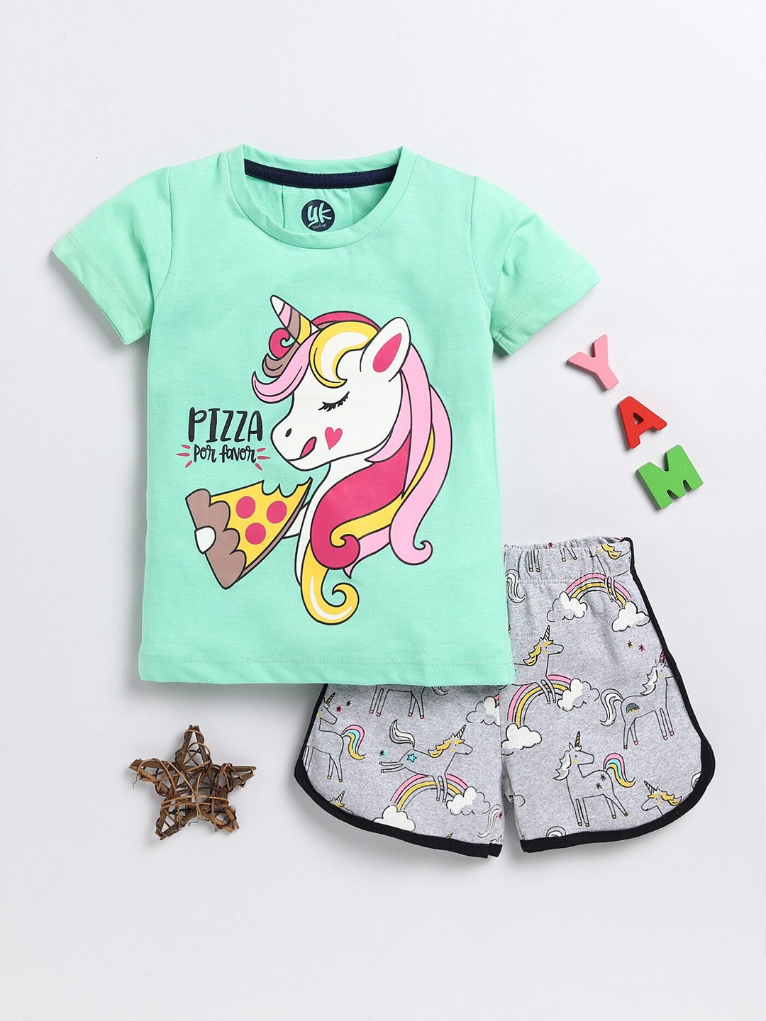 

YK Girls Graphic Printed T-shirt with Shorts, Green