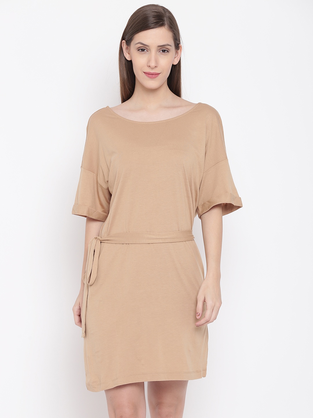 

FOREVER 21 Women Beige Solid T-shirt Dress