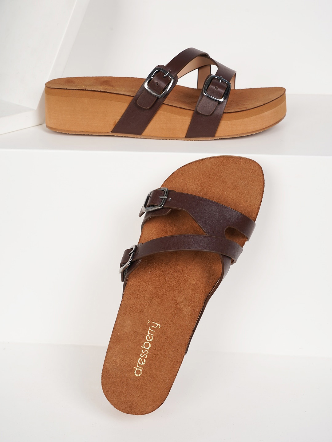 

DressBerry Open Toe Flatform Heels With Buckle Detail, Brown