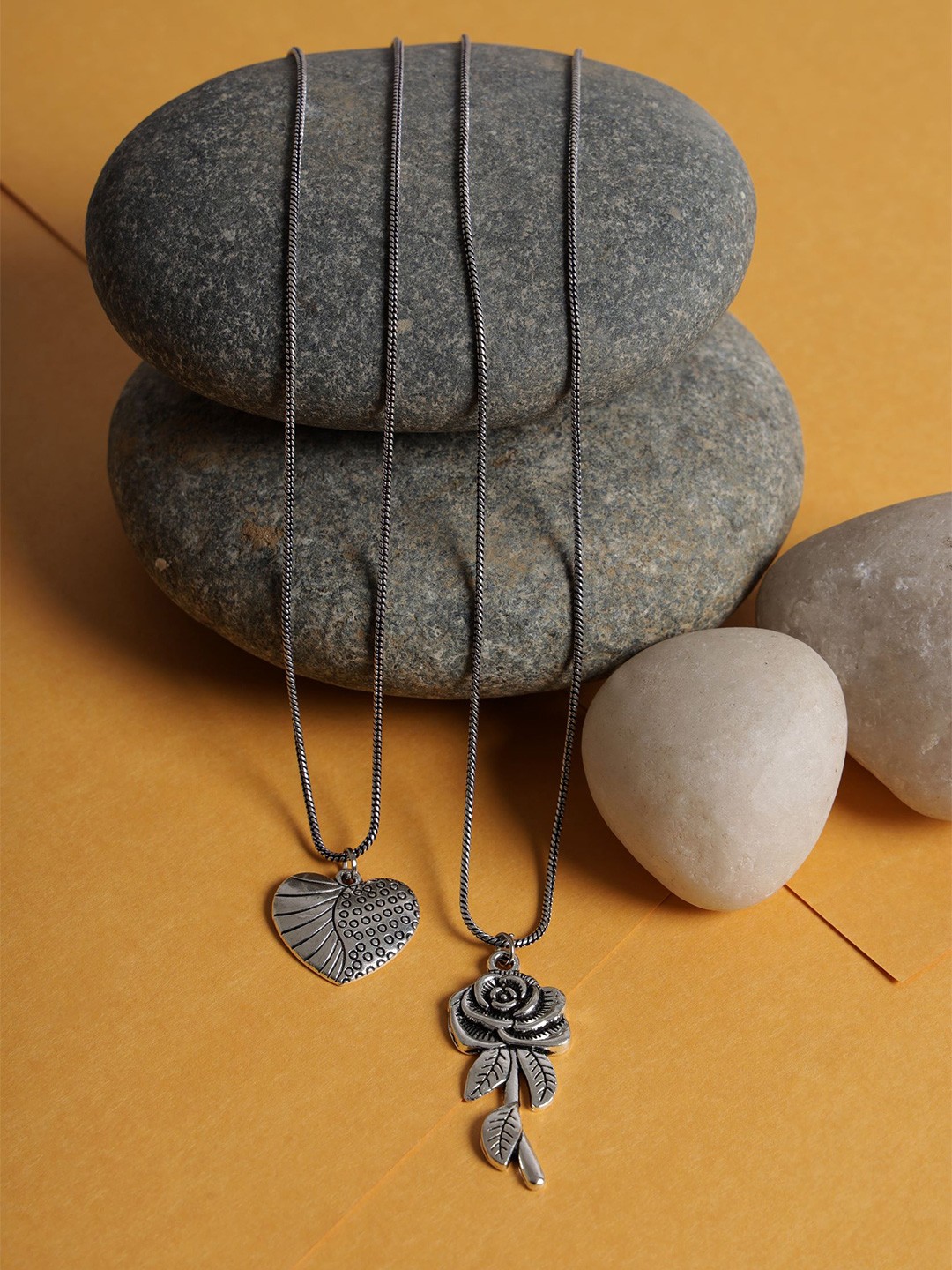 

Sangria Set of 2 Heart & Rose Shaped Silver-Plated Textured Necklace