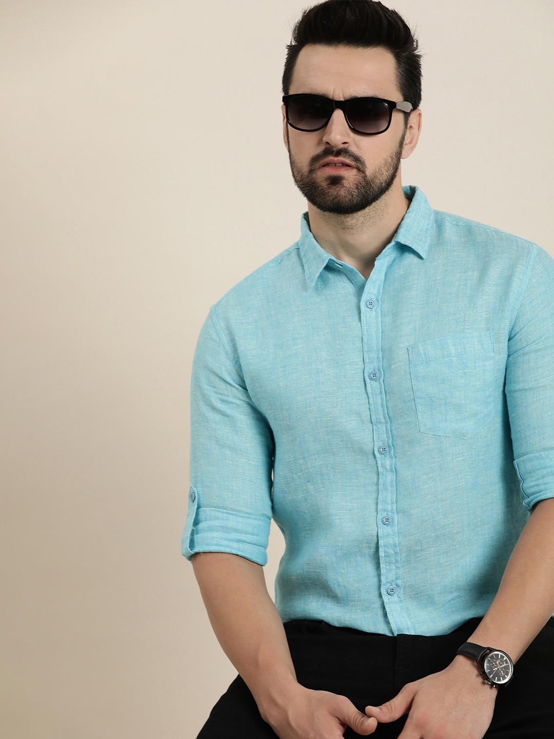 

Moda Rapido Men Slim Fit Pure Linen Casual Shirt, Turquoise blue