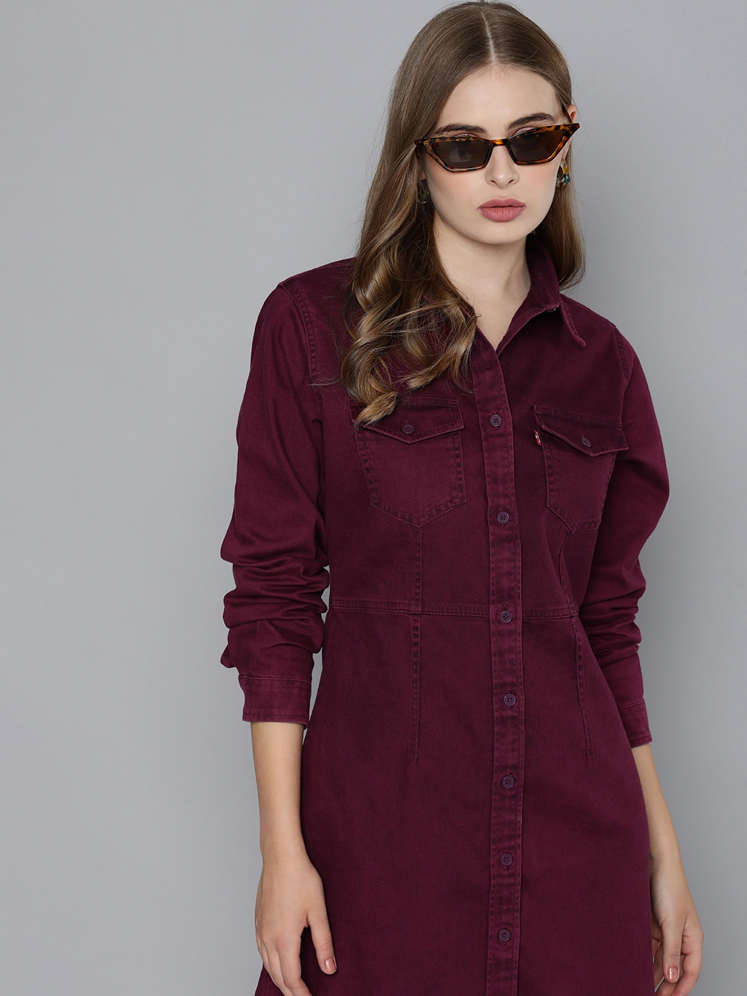 

Levis Pure Cotton Solid Shirt Collar Denim Shirt Style Dress, Purple