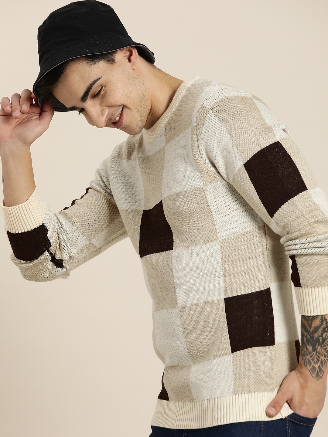 

HERE&NOW Round Neck Checked Pullover, Beige