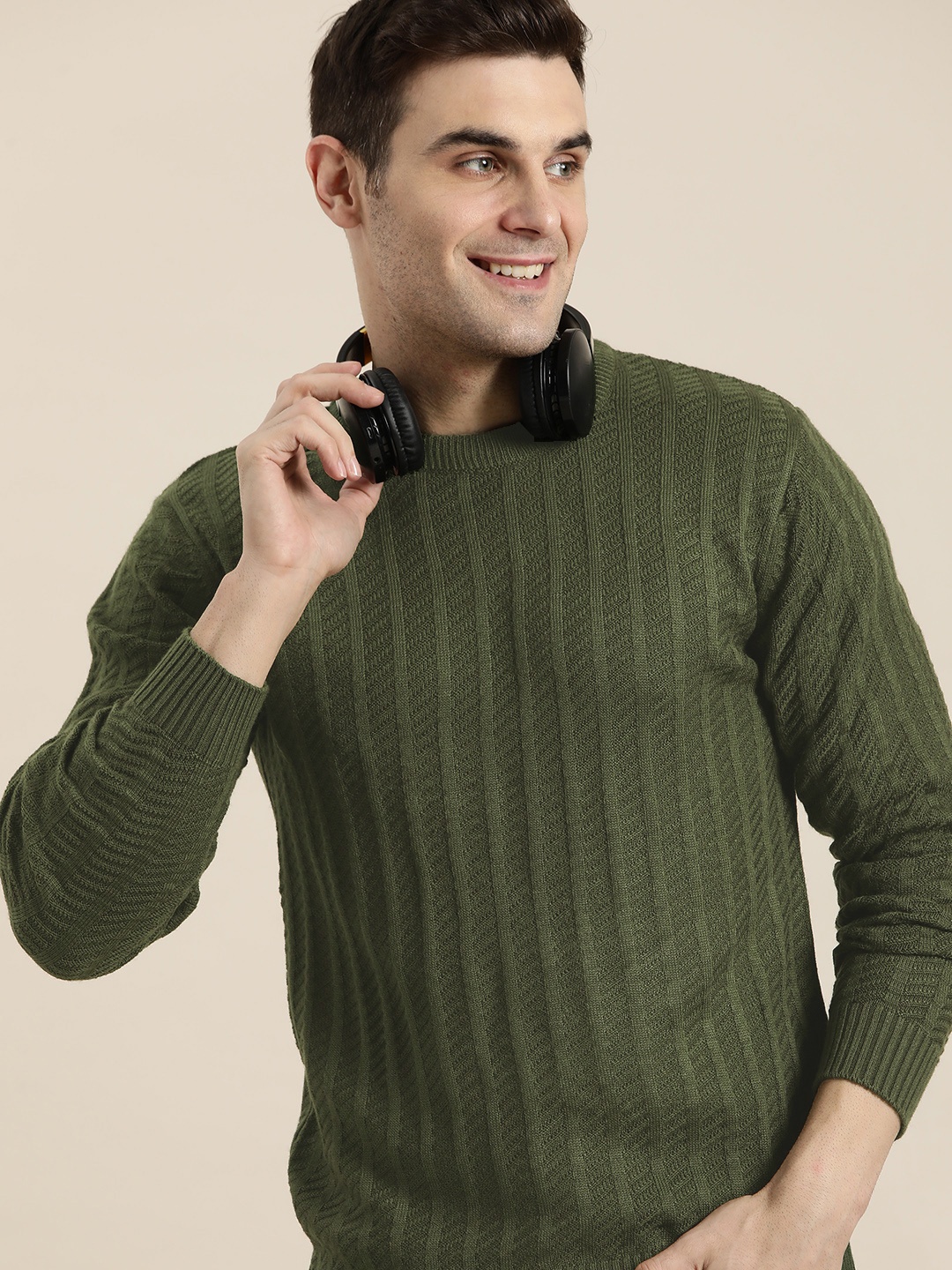 

HERE&NOW Ribbed Round Neck Knitted Pullover, Olive