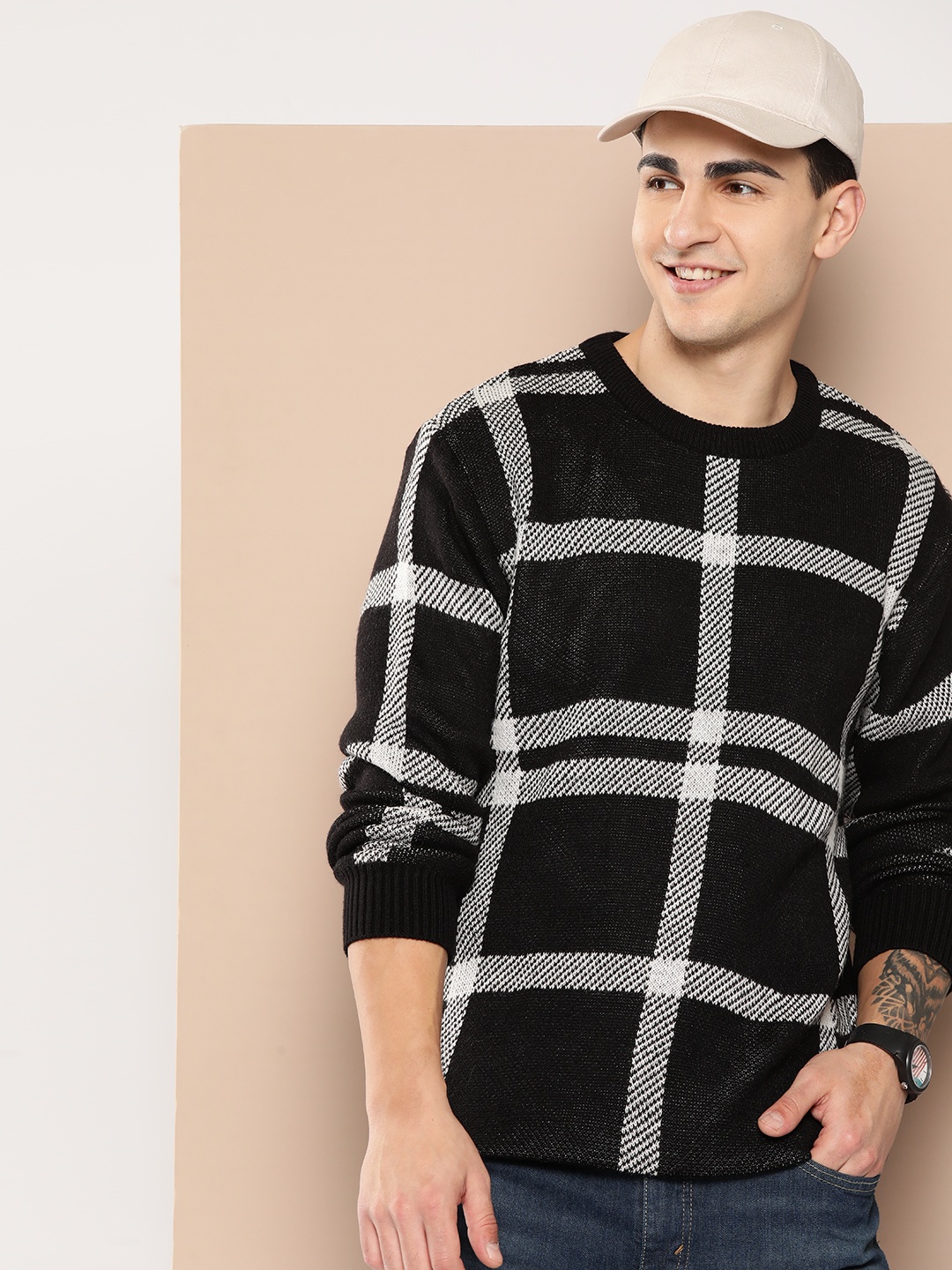 

HERE&NOW Men Checked Pullover, Black