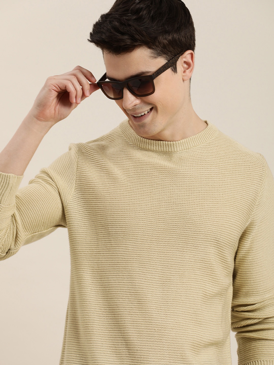 

HERE&NOW Round Neck Self-Design Pullover, Beige