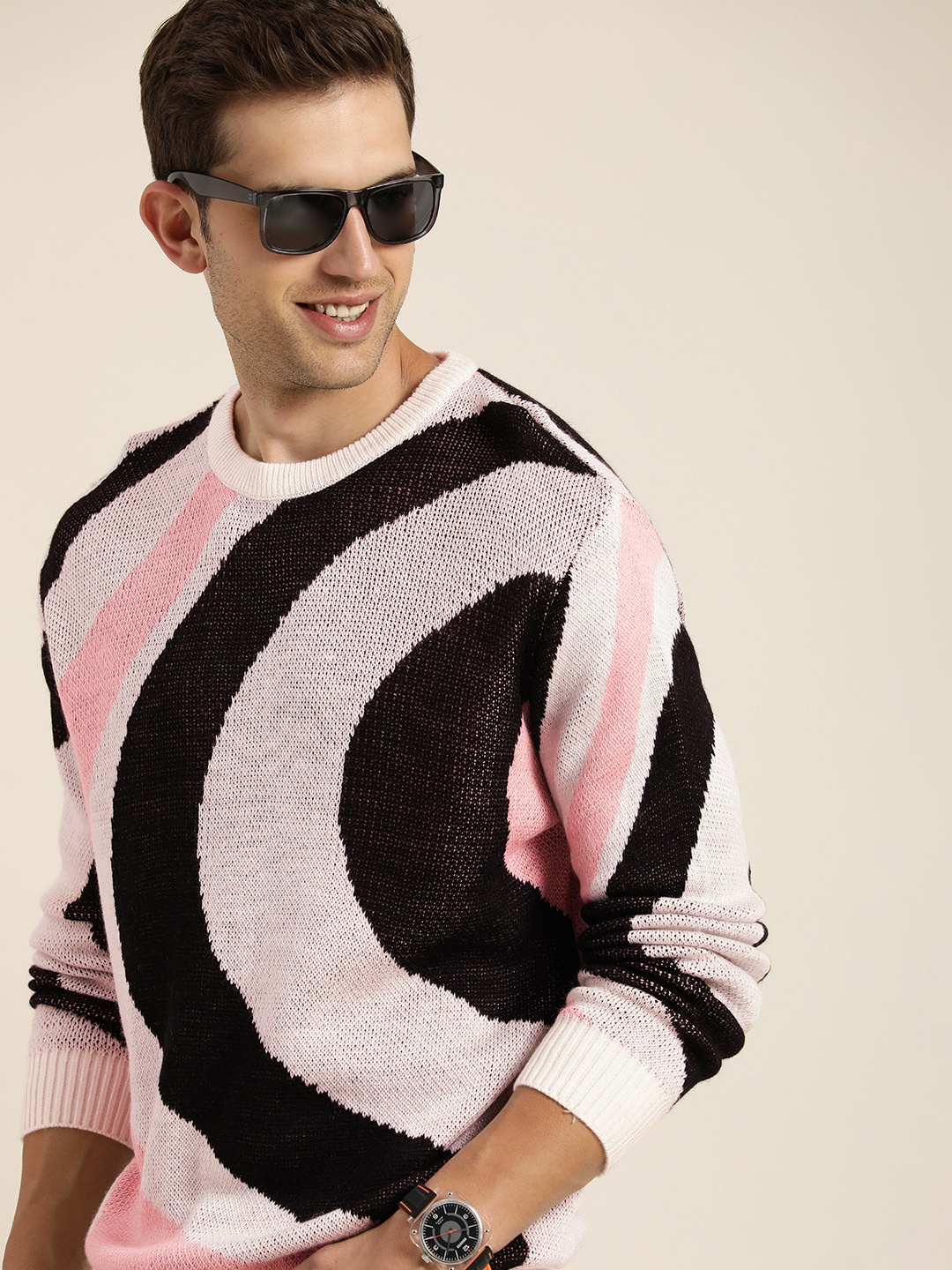 

HERE&NOW Round Neck Geometric Self-Design Pullover, Black