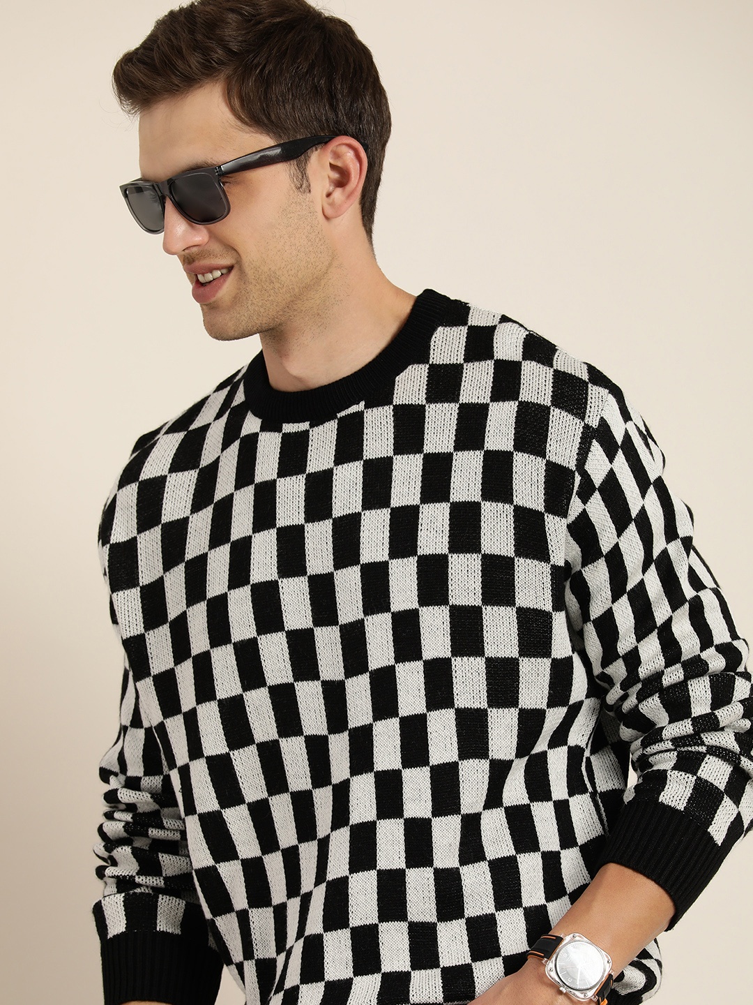 

HERE&NOW Round Self-Design Checked Pullover, White
