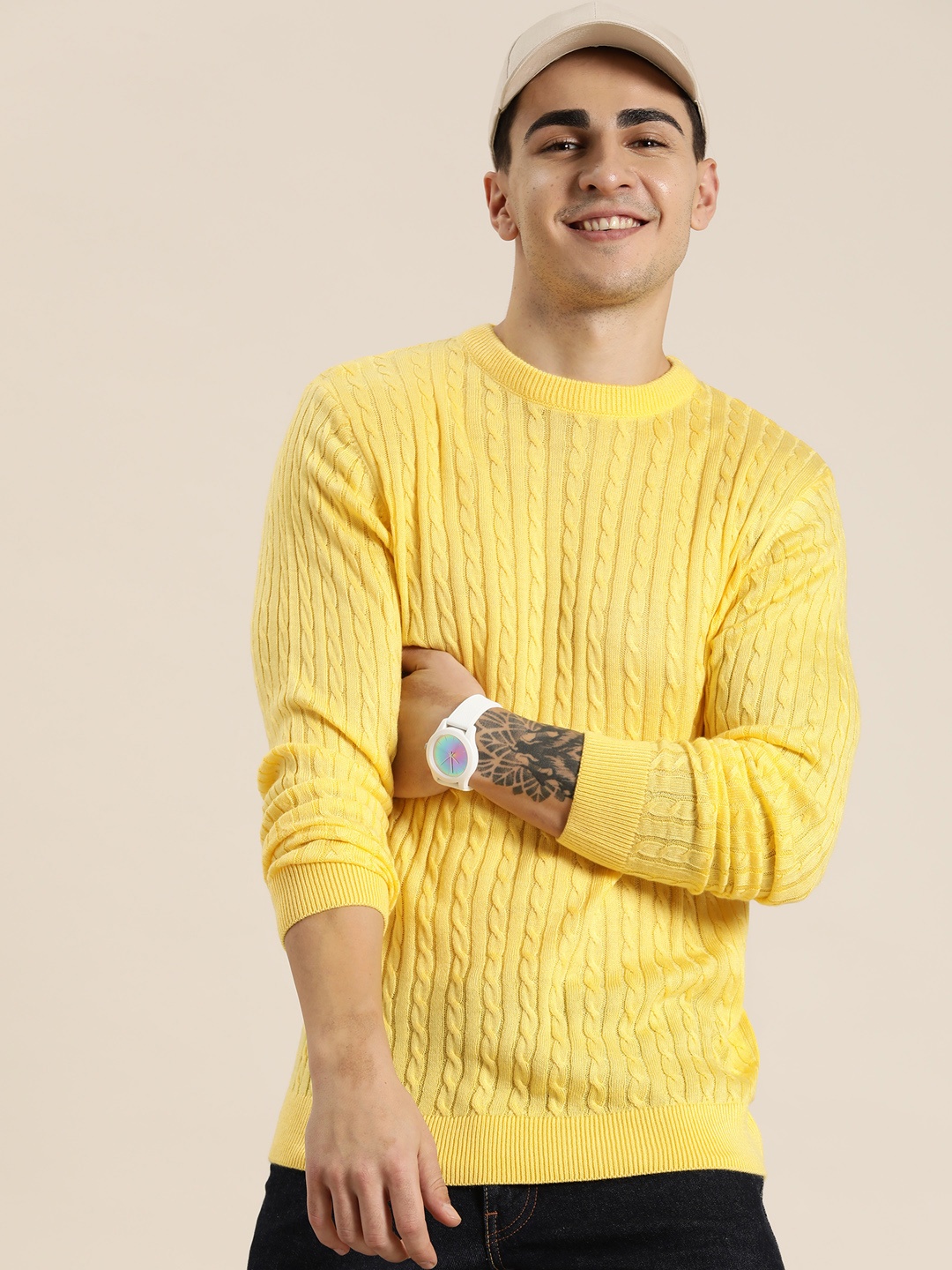 

HERE&NOW Pure Acrylic Cable Knit Pullover, Yellow