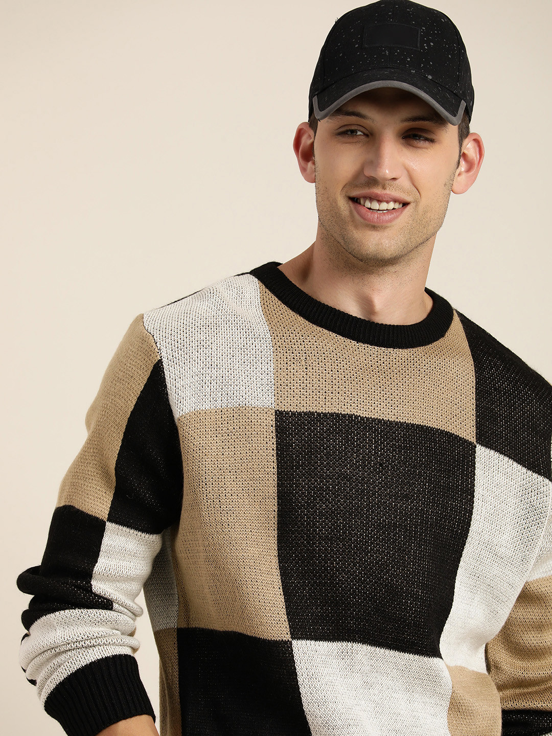 

HERE&NOW Round Neck Self-Design Checked Pullover, Black