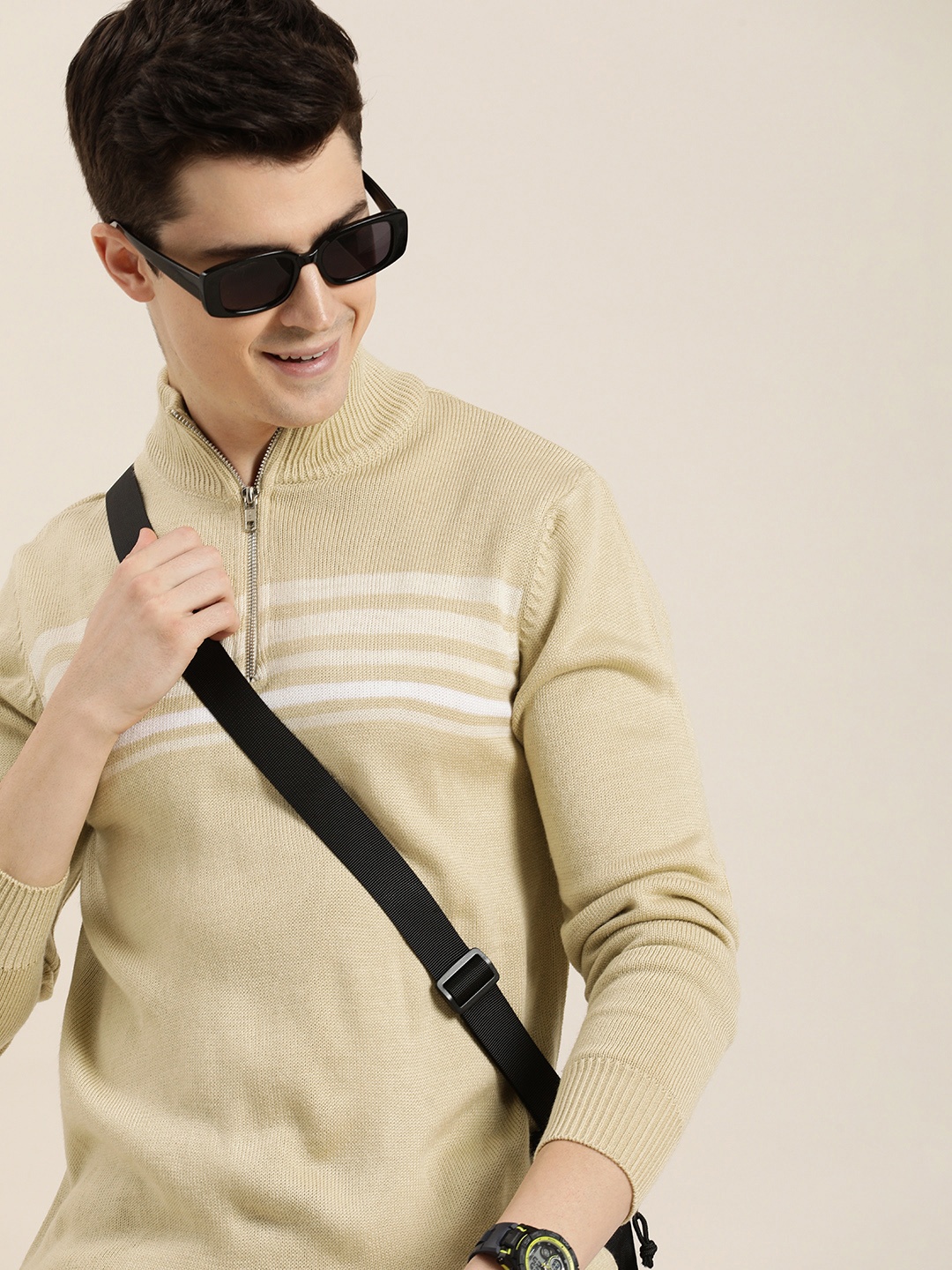 

HERE&NOW Mock Collar Self-Striped Pullover, Beige