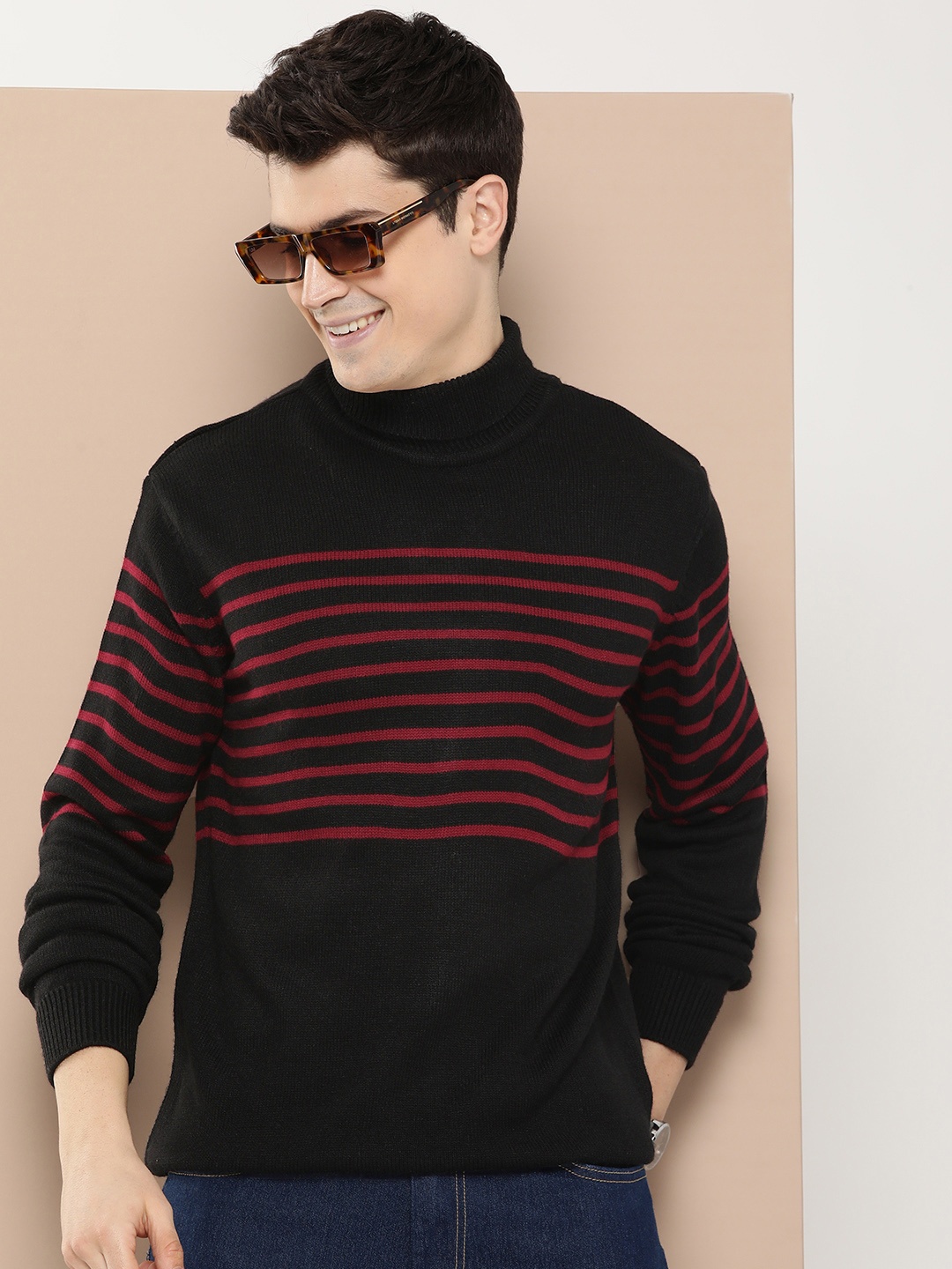

HERE&NOW Turtle Neck Self-Striped Pullover, Black