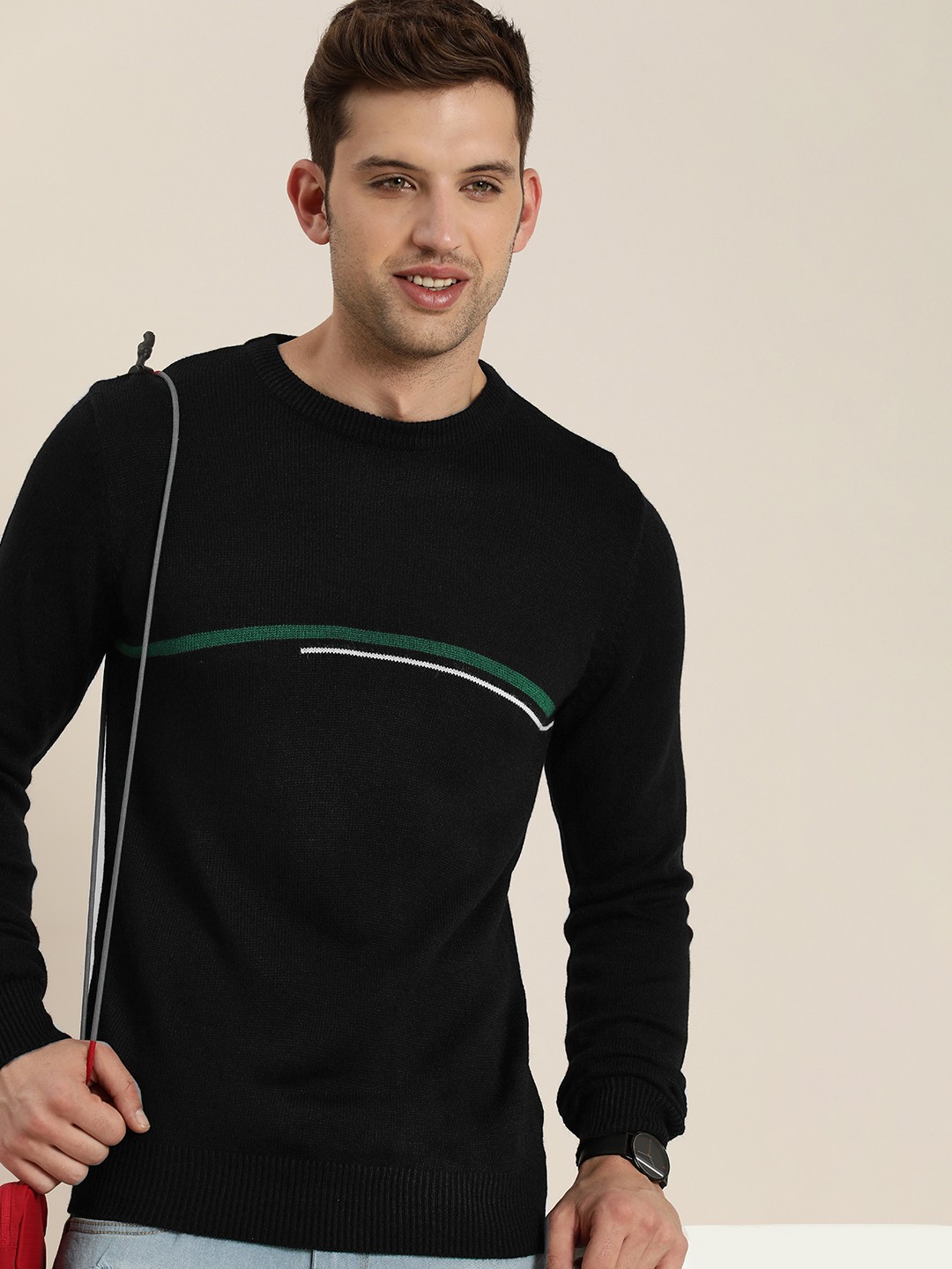 

HERE&NOW Round Neck Long Sleeves Striped Acrylic Pullover, Black