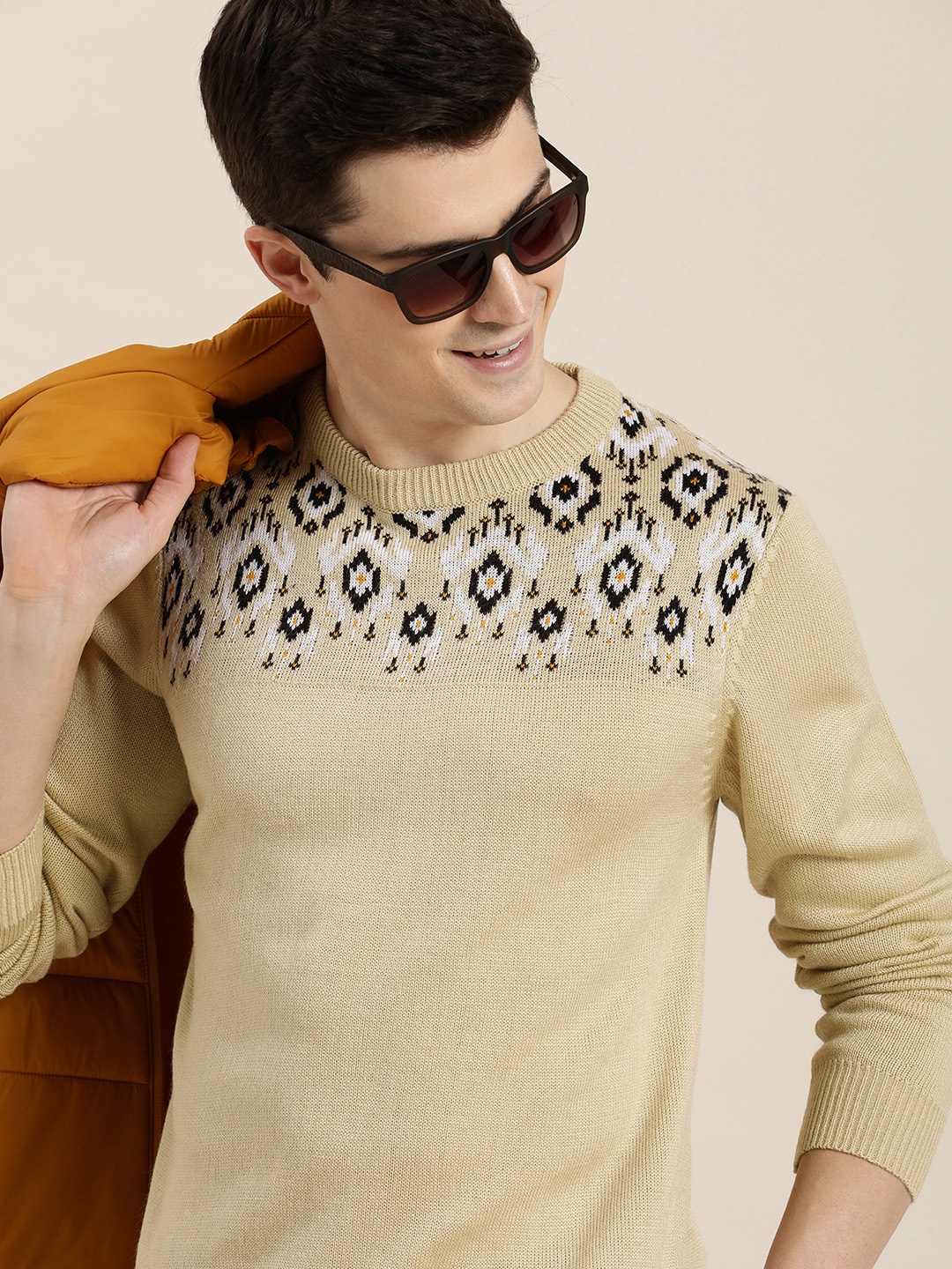 

HERE&NOW Round Neck Self-Design Geometric Pattern Pullover, Beige