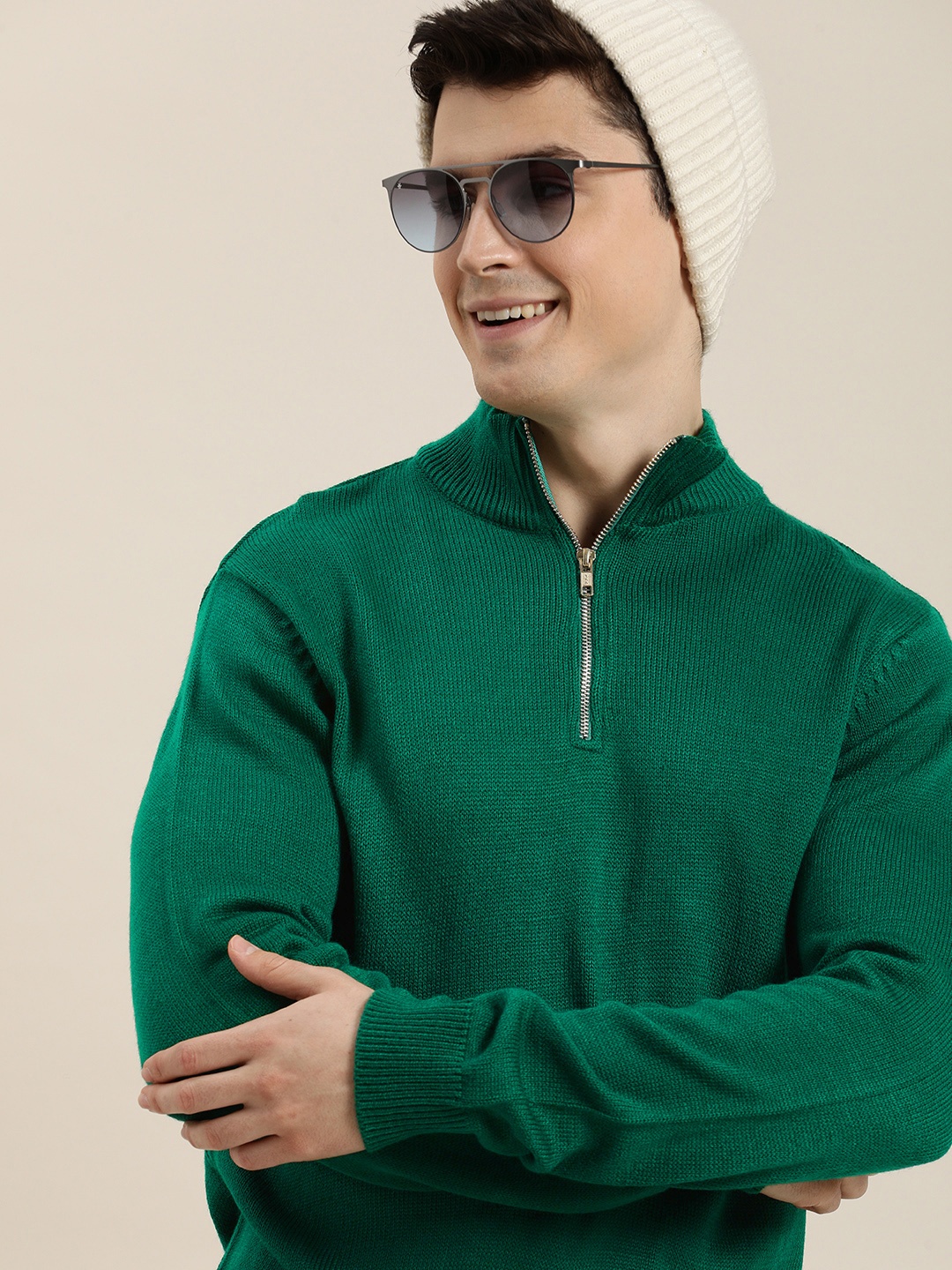 

HERE&NOW Mock Collar Self-Design Pullover, Green