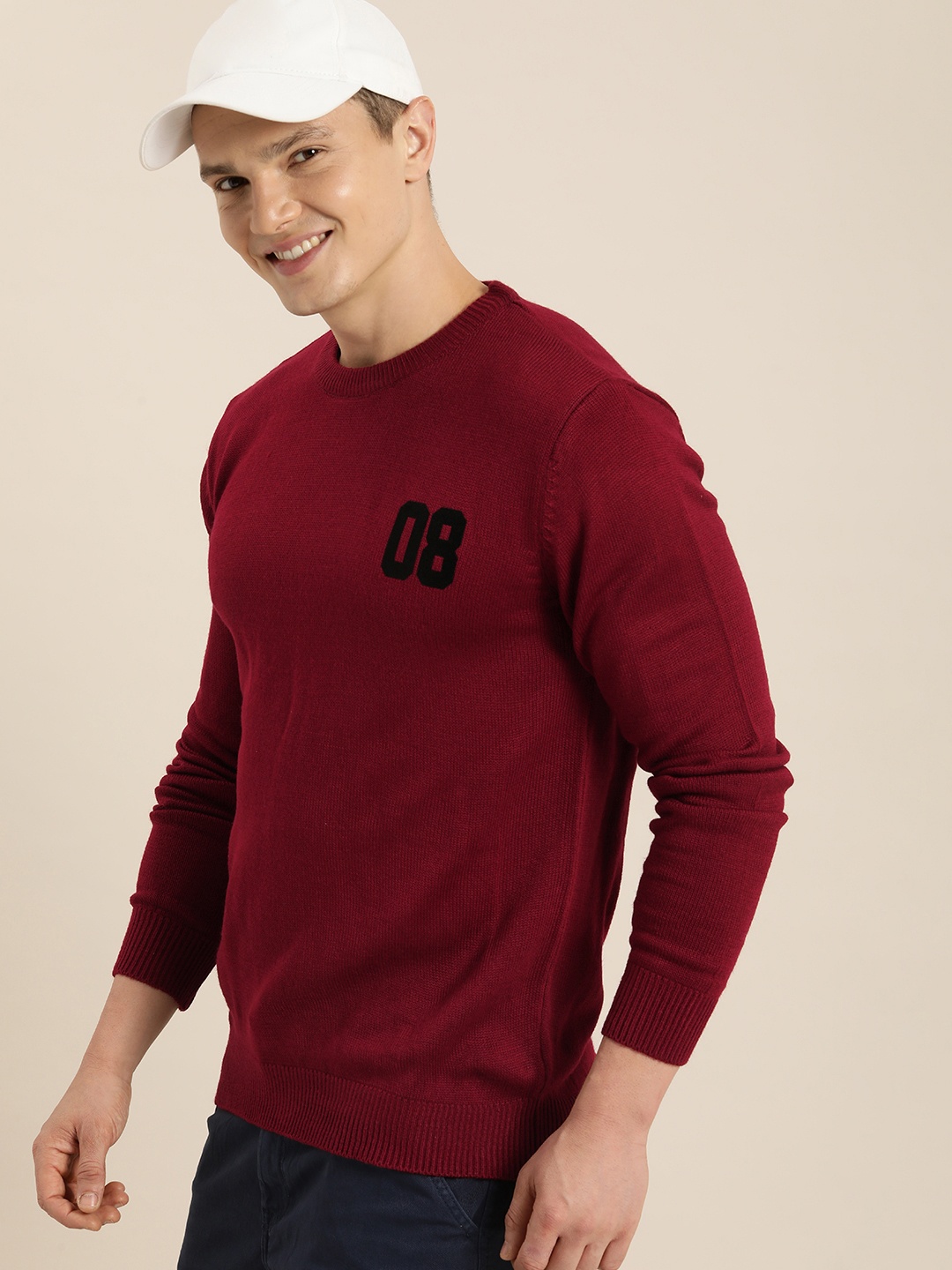 

HERE&NOW Solid Round Neck Long Sleeves Pullover, Maroon