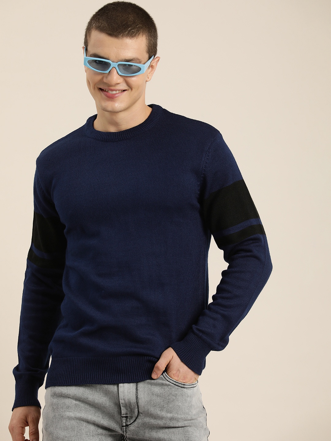 

HERE&NOW Solid Round Neck Long Sleeves Pullover, Navy blue