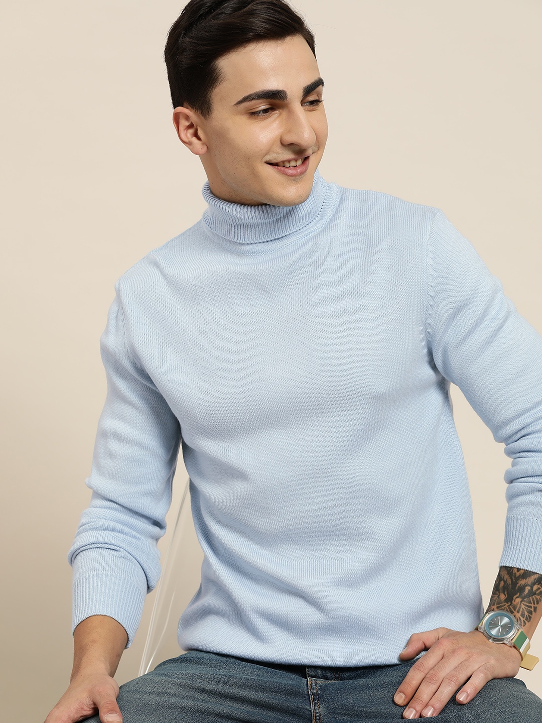 

HERE&NOW Men Turtle Neck Acrylic Pullover, Blue