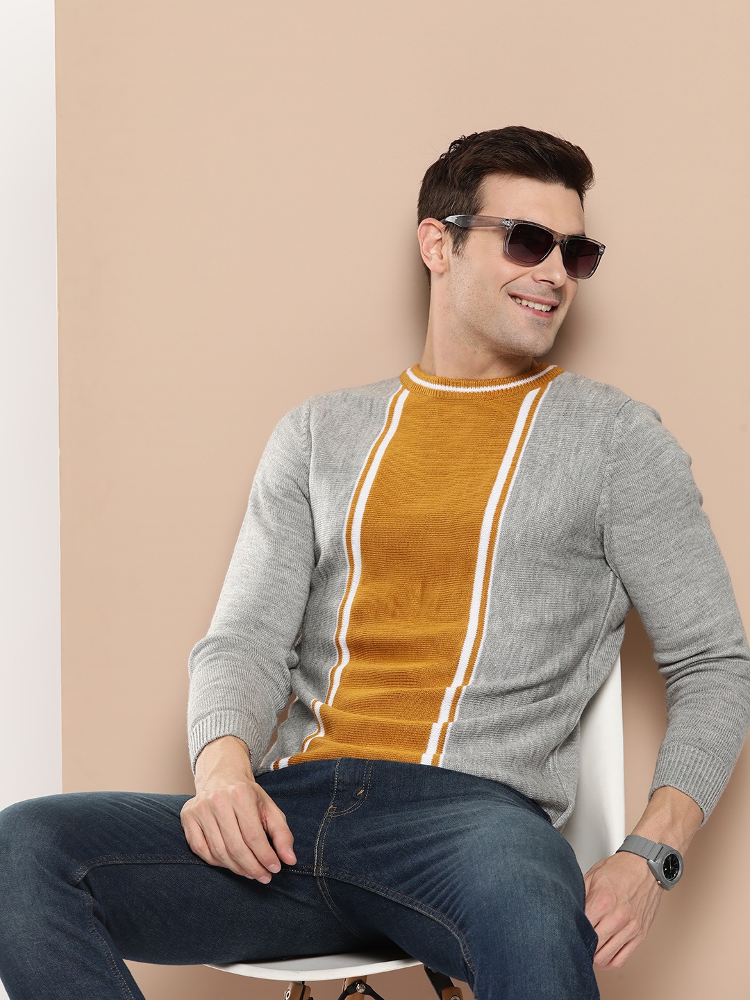

HERE&NOW Striped Acrylic Pullover, Grey