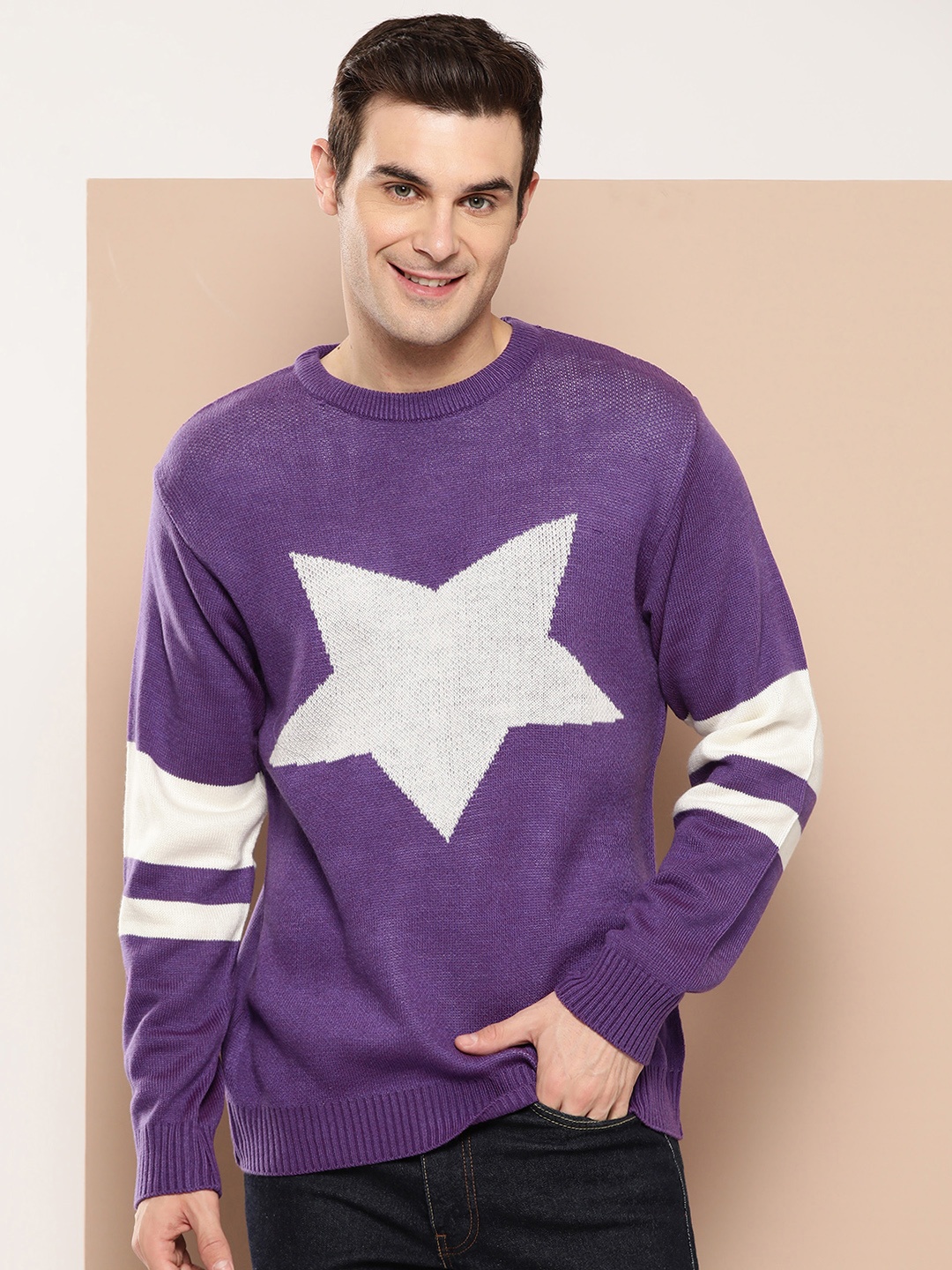 

HERE&NOW Pure Acrylic Self-Design Pullover, Purple